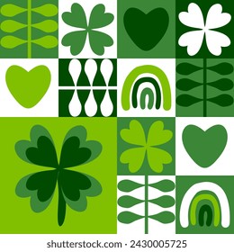 Nahtloses Muster des St Patricks Day mit vier Blattklee, Regenbogen und Herzen. Geometrischer Druck für Karte, Papier, Stoff, Textil. Handgezeichnete Vektorgrafik.
