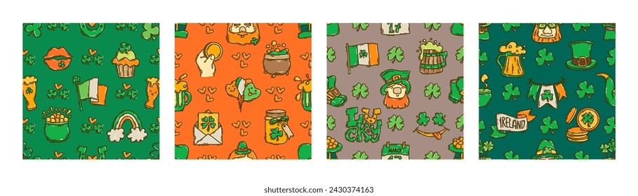 St Patricks Day seamless pattern background cute hand-drawn Irish holiday icons, symbols, and elements. 