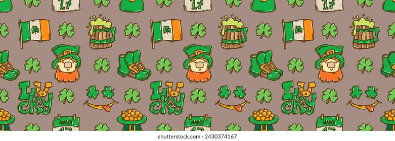 St Patricks Day seamless pattern background cute hand-drawn Irish holiday icons, symbols, and elements. 