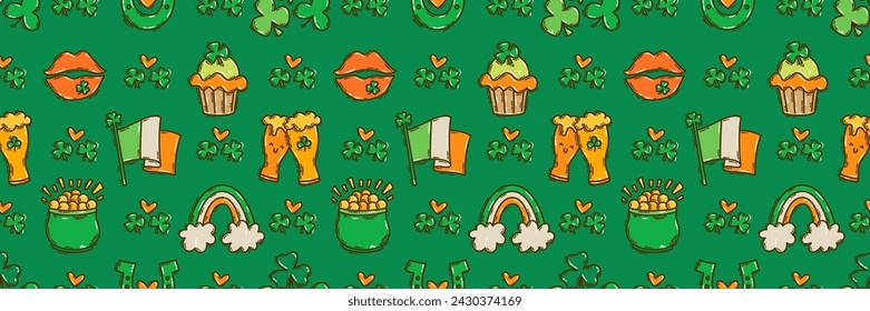 St Patricks Day seamless pattern background cute hand-drawn Irish holiday icons, symbols, and elements. 