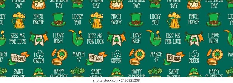 St Patricks Day seamless pattern background cute hand-drawn Irish holiday icons, symbols, and elements. 