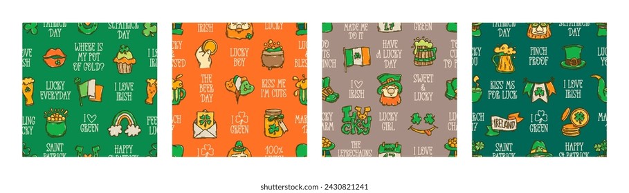 St Patricks Day seamless pattern background cute hand-drawn Irish holiday icons, symbols, and elements. 