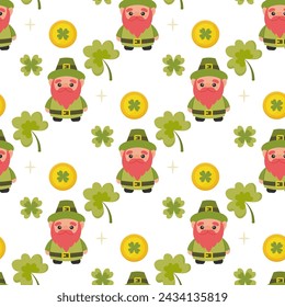 St patricks day seamless pattern, clover, gnome leprechaun, coins, rainbow. vector illustration