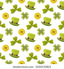 St. patrick's day seamless pattern, clover and gold coins. vector illustration