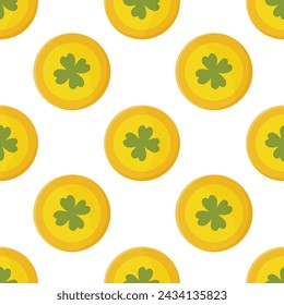 St. patrick's day seamless pattern, clover and gold coins. vector illustration