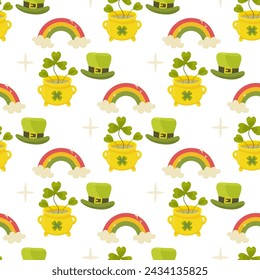 St patricks day seamless pattern, clover, gnome leprechaun, coins, rainbow. vector illustration