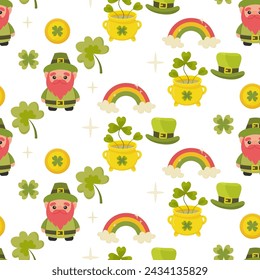 St patricks day seamless pattern, clover, gnome leprechaun, coins, rainbow. vector illustration