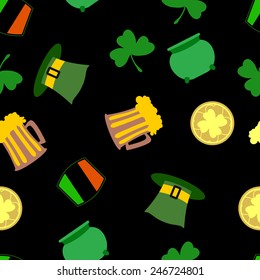 St. Patricks day Seamless pattern.  Monteith, shamrock, pot, hat