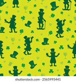 St. Patrick's Day seamless pattern design with green leprechauns and clover icons