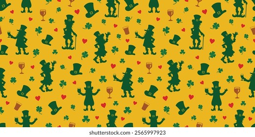 St. Patrick's Day seamless pattern with leprechauns, shamrocks, and hearts