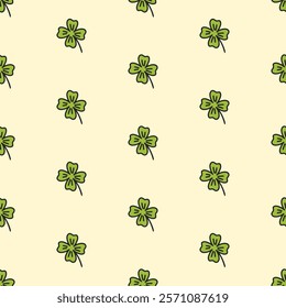 St. Patricks Day seamless pattern of doodle clover on isolated background. Hand drawn design for St. Paddy day celebration, party decoration, wall paper, scrapbooking, textile, home decor.