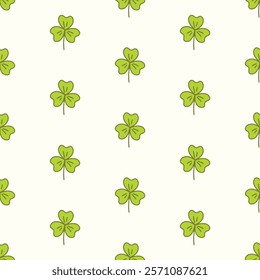 St. Patricks Day seamless pattern of doodle shamrocks on isolated background. Hand drawn design for St. Paddy day celebration, party decoration, wall paper, scrapbooking, textile, home decor.