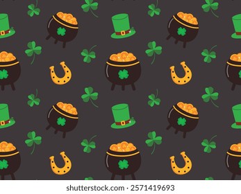 St. Patrick's Day seamless pattern with pots of gold and clovers. Golden coins and clovers vector repeat design for textile, wrapping paper, background, wallpaper