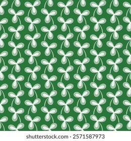 St. Patricks Day seamless pattern of doodle shamrocks on isolated background. Hand drawn design for St. Paddy day celebration, party decoration, wall paper, scrapbooking, textile, home decor.
