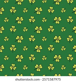 St. Patricks Day seamless pattern of doodle shamrocks on isolated background. Hand drawn design for St. Paddy day celebration, party decoration, wall paper, scrapbooking, textile, home decor.