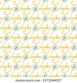 St. Patricks Day seamless pattern of Irish Lucky shamrocks on isolated background. Hand drawn design for St. Paddy day celebration, party decoration, wall paper, scrapbooking, textile, home decor.