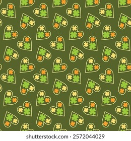 St. Patricks Day seamless pattern of Irish lucky hearts on isolated background. Hand drawn design for St. Paddy day celebration, party decoration, wall paper, scrapbooking, textile, home decor.