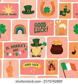 St. Patrick's Day seamless pattern with symbols of fortune and good luck. Mosaic background with leprechaun, horseshoe, four-leaf clover, ladybug, beer, flag, rainbow. Vector flat color design.