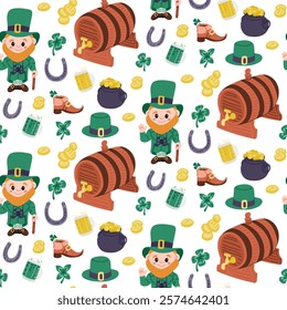 St Patricks Day seamless pattern with leprechauns, barrels, coins, clovers, hats, shoes, beer mugs, and horseshoes isolated on white background. Vector holiday illustration with hand drawn drawings