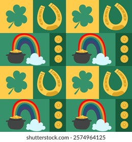 St. Patricks Day seamless pattern with  shamrock, rainbows, horseshoe and coins. Geometric print for card, paper, fabric, textile. 