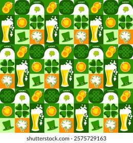 St. Patricks day seamless pattern with glasses of beer, shamrock four leaves clovers, leprechaun hat, gold coins. Geometric square composition background design