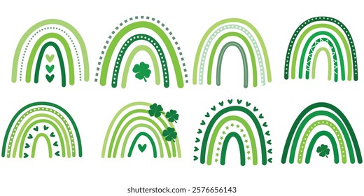 St. Patrick's Day seamless pattern. Hand drawn rainbows with shamrock symbols. Cute rainbow bridges for Patricks Day. Vector illustration.
