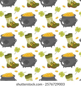 St. Patricks Day, seamless pattern, clover, pot of gold, clogs