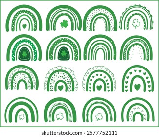 St. Patrick's Day seamless pattern. Hand drawn rainbows with shamrock symbols. Cute rainbow bridges for Patricks Day. Vector illustration