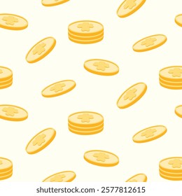 St. Patricks Day seamless pattern of lucky clover golden coins on isolated background. Hand drawn design for St. Paddy day celebration, party decoration, wall paper, scrapbooking, textile, home decor.