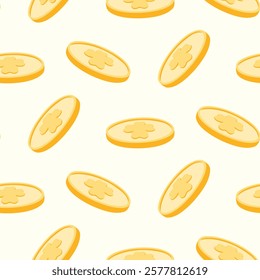 St. Patricks Day seamless pattern of lucky clover golden coins on isolated background. Hand drawn design for St. Paddy day celebration, party decoration, wall paper, scrapbooking, textile, home decor.