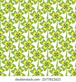 St. Patricks Day seamless pattern of doodle clover on isolated background. Hand drawn design for St. Paddy day celebration, party decoration, wall paper, scrapbooking, textile, home decor.