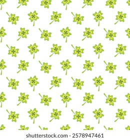 St. Patricks Day seamless pattern of doodle clover on isolated background. Hand drawn design for St. Paddy day celebration, party decoration, wall paper, scrapbooking, textile, home decor.