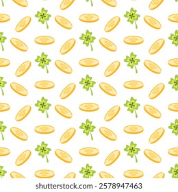 St. Patricks Day seamless pattern of lucky clover and golden coins on isolated background. Hand drawn design for St. Paddy day celebration, party decoration, scrapbooking, textile, home decor.