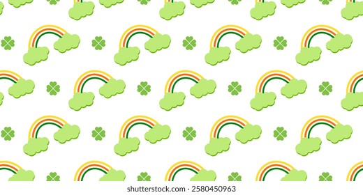 St. Patrick's Day seamless pattern. Hand drawn rainbows with shamrock symbols. Design for St. Patricks day celebration, party decoration, scrapbooking, home decor, textile, print, cover