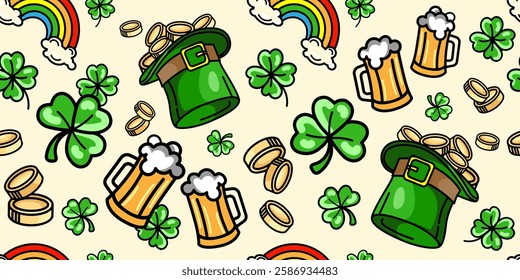 St. Patrick's Day seamless pattern with leprechaun hats, gold coins, shamrocks, rainbows,beer mugs, for wrapping ,textile prints, and festive decorations.Irish holiday background.Vector illustration