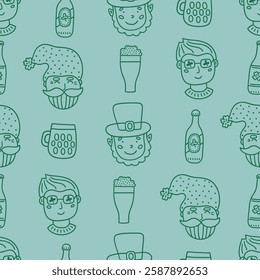 St. Patrick's Day seamless pattern with leprechaun, man, beer bottles and glass on white background. Perfect for wallpaper, gift paper, season greeting cards. Vector outline hand drawn illustration