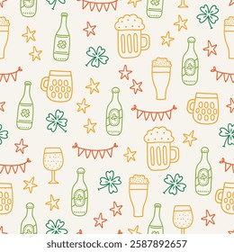 St. Patrick's Day seamless pattern with beer glasses, bottles, garlands, quatrefoil, stars on white background. Perfect for wallpaper, gift paper. Vector outline hand drawn illustration