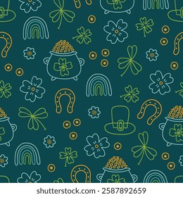 St. Patrick's Day seamless pattern with pot of gold, rainbow, flower, quatrefoil, coin, clover, horseshoe on dark green background. Perfect for wallpaper, gift paper, season greeting cards. 