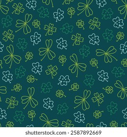 St. Patrick's Day seamless pattern with quatrefoil and clover leaves on dark green background. Perfect for wallpaper, gift paper, season greeting cards. Vector outline hand drawn illustration