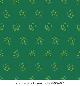 St. Patrick's Day seamless pattern with clover leaves on green background. Perfect for wallpaper, gift paper, season greeting cards. Vector outline hand drawn illustration