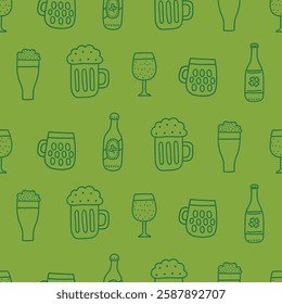 St. Patrick's Day seamless pattern with beer bottles and glass on green background. Perfect for wallpaper, gift paper, season greeting cards. Vector outline hand drawn illustration