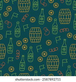 St. Patrick's Day seamless pattern with coins, beer bottles, flag, barrels on dark green background. Perfect for wallpaper, gift paper, season greeting cards. Vector outline hand drawn illustration