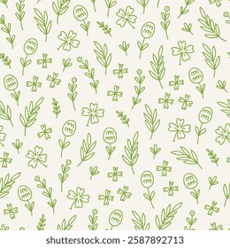 St. Patrick's Day seamless pattern with leaves, clover, quatrefoil on white background. Perfect for wallpaper, gift paper, season greeting cards. Vector outline hand drawn illustration