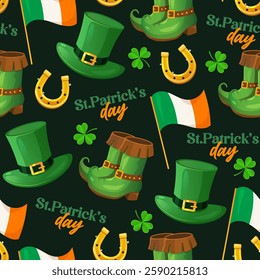 St. Patrick's day seamless pattern with irish flags, leprechaun hats and boots, shamrocks,horseshoes isolated on dark green background.