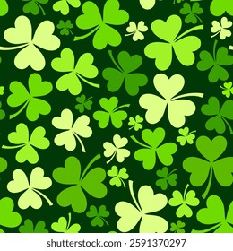 St. Patrick's day seamless pattern with green shamrock (clover) on a green background. Vector seamless print. Hand-drawn illustration, not AI