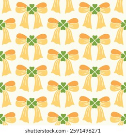 St. Patricks Day seamless pattern of bow ribbon with Irish shamrocks knots on isolated background. Design for celebration, party decoration, scrapbooking, home decor, textile, paper crafts.