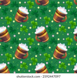 St. Patrick's Day seamless pattern. Beer mugs and clover on a green background. For background, cover, fabric, packaging, wallpaper.
