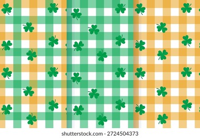 St Patricks Tag nahtlose Muster in grün und orange.Gingham mit Shamrock, drei Kleeblatt wiederholen Muster.Vektorgrafik Illustration Hintergrund mit grünen Blättern.