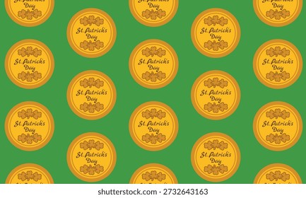 St Patricks Day seamless pattern with leprechaun gold shamrock and lettering