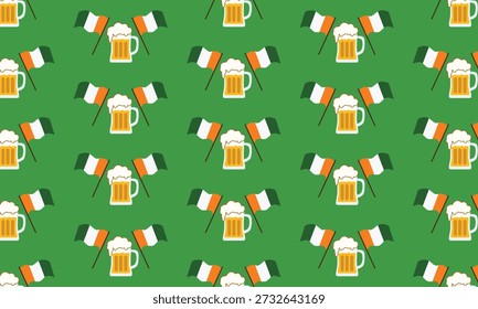 St Patricks Day seamless pattern background with Irish flag and beer